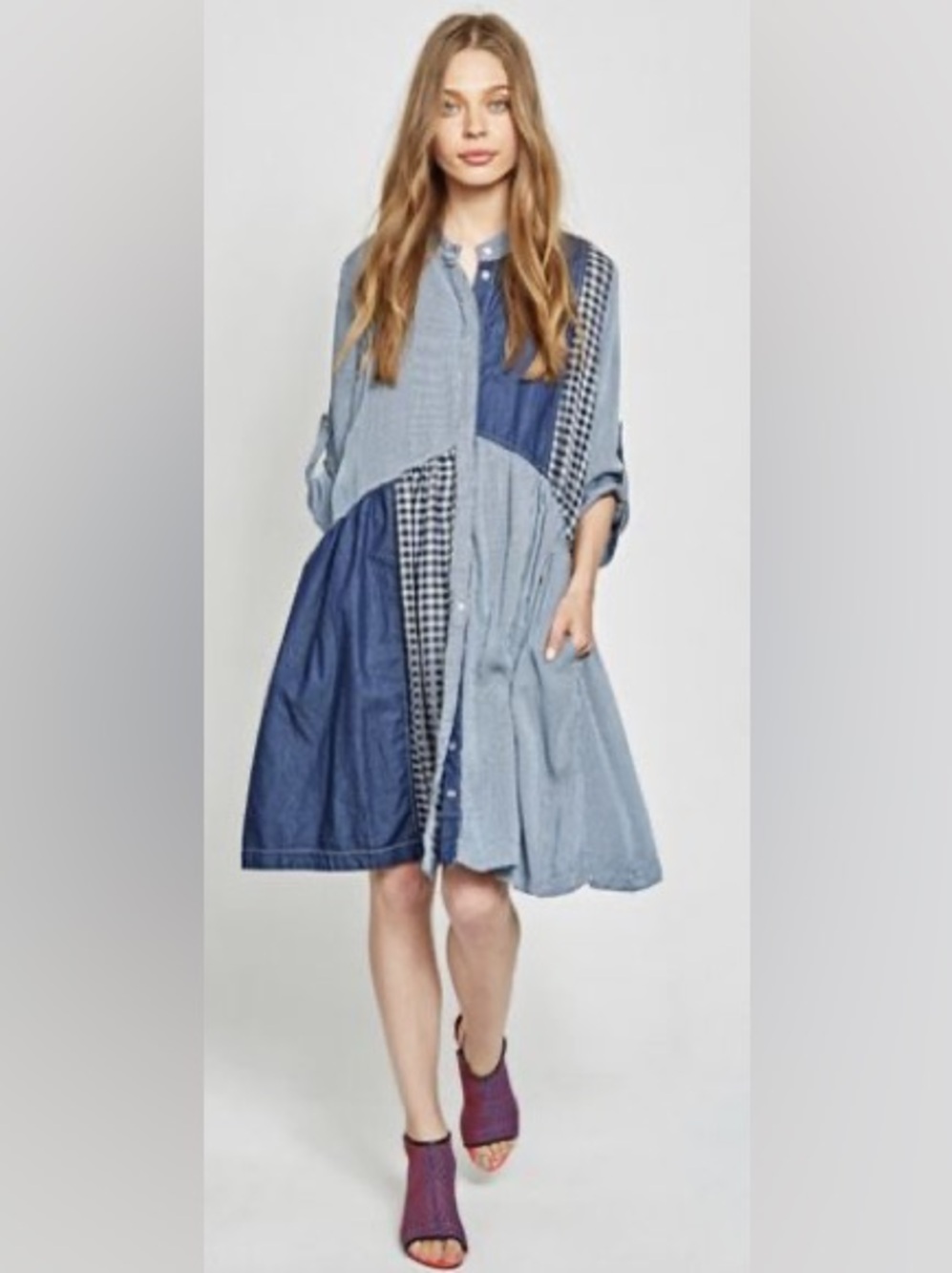 Alembika Blue Patchwork Denim Gingham Midi Shirt Dress Oversized size 2 (M 8-10)
